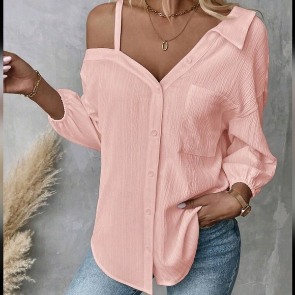 Women's Spring/Fall Solid Color Asymmetric Collar Dropped Shoulder Loose Casual - Picture 3 of 4